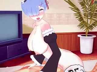 rem's getting fucked hard with ahegao face, big boobs maid in re zero pov