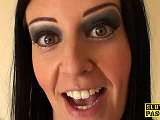 this british sub with tattoos and fake tits gets roughly dominated in bdsm, bent over for rimjob and cowgirl.