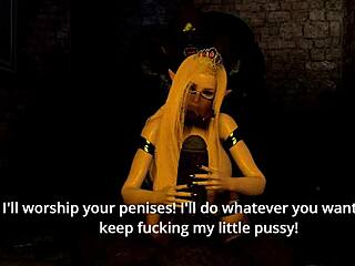 Why does the fallen princess bend over for a titty fuck with big tits in this hentai threesome?