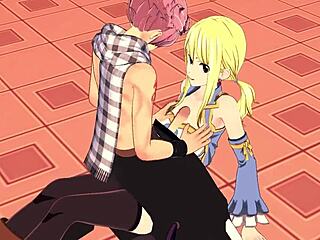 I watch Lucy and Natsu in Fairy Tail hentai, giving blowjobs and handjobs until cumshot.