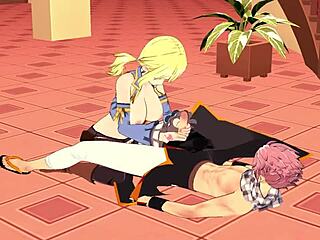 I watch Lucy and Natsu in Fairy Tail hentai, giving blowjobs and handjobs until cumshot.