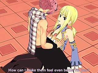 I watch Lucy and Natsu in Fairy Tail hentai, giving blowjobs and handjobs until cumshot.