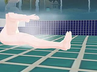 Anime woman enjoys a steamy bath in Japanese public sento