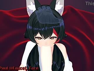 white girl performs in animated scene with japanese characters