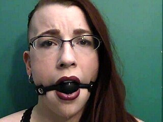 Dark Lipstick Ballgag Drooling in Intense Close-Up Eye Contact