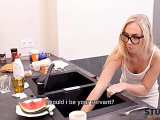 Blonde teen calls kinky friend for kitchen help.