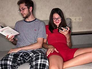 Step sister guides hand to pussy for mutual handjobs