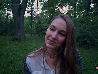 damn, sexy nympho gets huge facial cumshot in forest