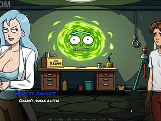 In portal porn demoniums parody hentai game episode 3, Morty's sister gives a fan a blowjob