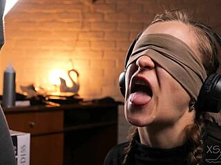 Blindfolded young 18+ gets tricked into blowjob with cumshot surprise