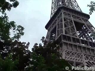 Extreme public threesome sex by the Eiffel Tower.