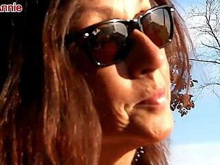 Mature Candi Annie milks cock outdoors with skill. She swallows every drop of cum after intense action.