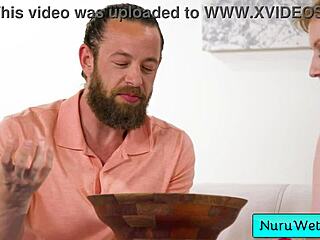 Blonde masseuse Sonia Harcourt delivers wet nuru massage, rubbing natural tits on client Brad Newman's back