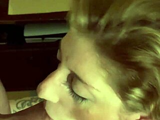 Sexy MILF wife sucks husband's big cock in POV until he cums on her tits.