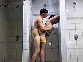 Brazilian milf sucks big cock in shower