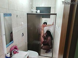 Hidden Camera Catches Ebony on Young Guy's Cock