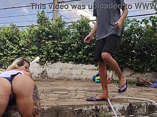 Innocent virgin lets guy finger her big ass for his thong in outdoor humiliation