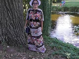 Hairy mature woman flashes chubby body in public park