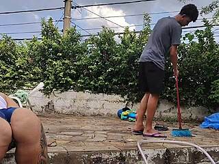 Innocent virgin lets guy finger her big ass for his thong in outdoor humiliation