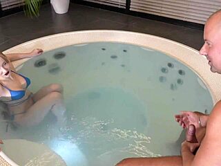 Hot young beauty with big tits gags on old man's huge cock in jacuzzi part 1