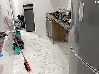 Security camera captures the maid's attractive figure driving her boss wild.