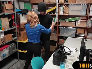 Hot blonde MILF guard bangs a thief with force!