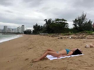 Babe asks to cum on her tits during public beach flashing.