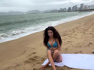 Babe asks to cum on her tits during public beach flashing.