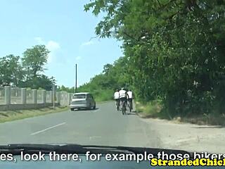 Hitchhiking couple gets wild while driver records.