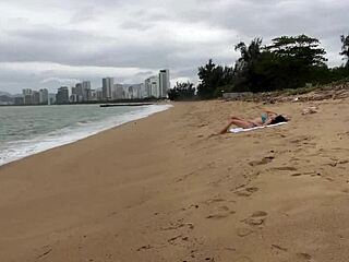 Babe asks to cum on her tits during public beach flashing.