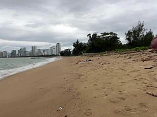 Babe asks to cum on her tits during public beach flashing.