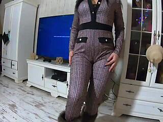 cheating wife passionately sucks husband's friend in hot jumpsuit and fur jacket