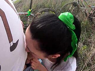 Risky POV Blowjob Behind Garages with Ponytail Babe Going Wild