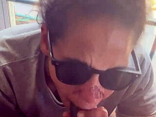 Lightskin ebony step-sister sucks cock by window, gets facial while boyfriend searches