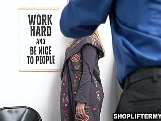 Sarah Vandella caught stealing jewelries at work, offers her milf pussy to the horny cop in the office shop