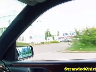 Hitchhiking brunette flashes tits for outdoor pickup thrill