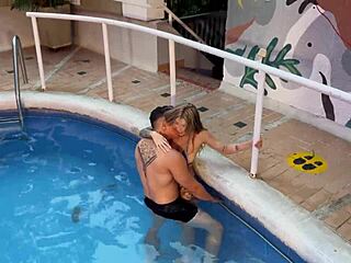 Blonde stranger fucks in hotel pool while boyfriend rests!