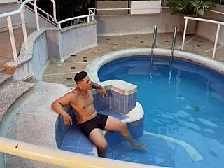 Blonde stranger fucks in hotel pool while boyfriend rests!