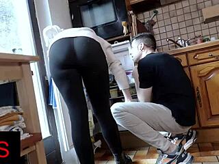 blonde milf enjoys a kitchen session with bent over positions