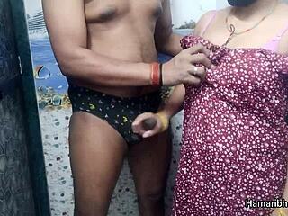 indian desi bhabhi delivers amazing handjob, husband cums on blue panty 😏