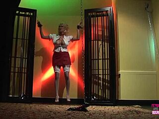 blonde tied up in bdsm dungeon gets fucked beside couple