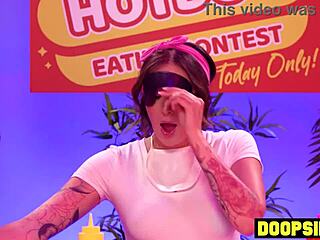 Kinky ebony contestant straps on a dildo to pound her curvy competitors in bisexual threesome