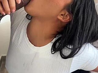 Girlfriend practices blowjob skills with a toy