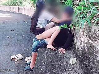 Student Roughly Fucks Girlfriend Outdoors In Park, Cuckold Friend Watches Behind Scenes