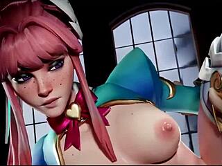 Benedikta sucks cock, cum on face, Juno's pussy fucked, Freja standing sex