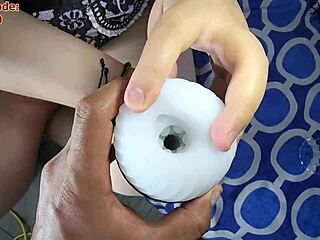 Suck Balls While Using Masturbator on Cock for Gaping!