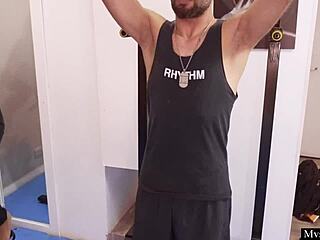 dirty blonde with big tits dives into a naughty fantasy at the gym with three guys in dpp and bukakke