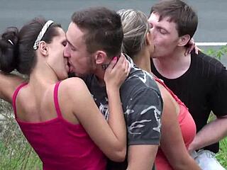 cum on huge krystal swift tits in public sex 2 couples foursome orgy by highway