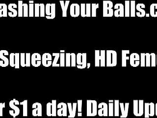 two milfs humiliate slave with ball kicking!