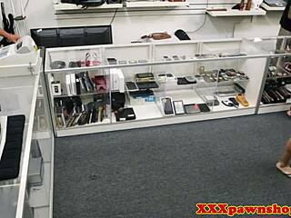 girlfriend getting pussy pounded for pawnshop credit, hidden cam catches cumshot facial.